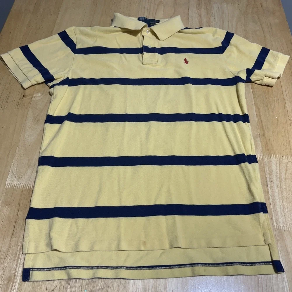 Ralph Lauren Polo Shirt Mens Large L Yellow Red‎ Pony Navy Striped Vintage
